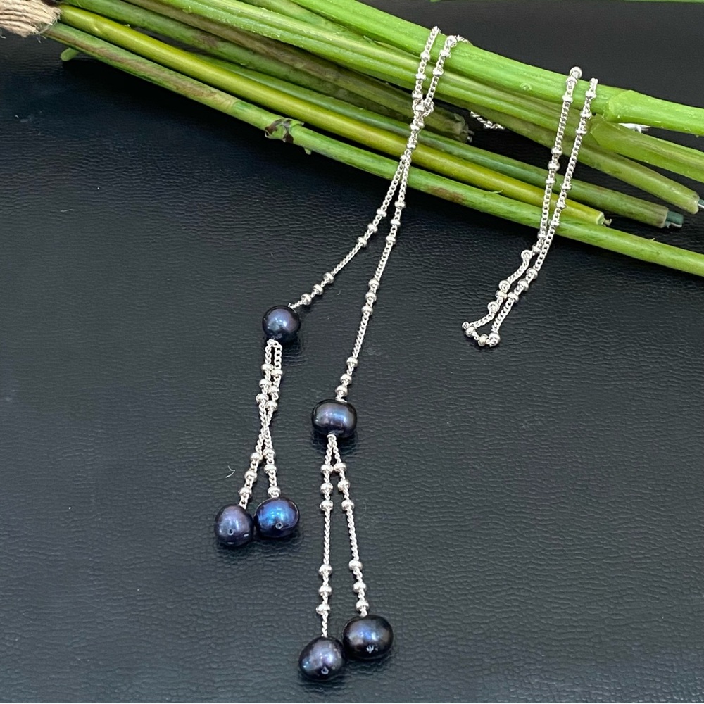 Silver-tone Chain with Freshwater Pearl Beads Lariat 24-Inch Necklace 12.5g